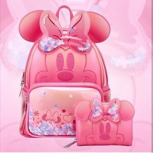 Pink Disney Minnie Mouse Loungefly Confetti Glitter Backpack and Wallet Set